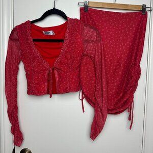 Tiger Mist Two Piece Crop Top Heart Pattern Mini Skirt Set XS/S